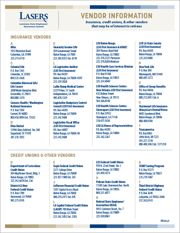 Vendor Information contact sheet